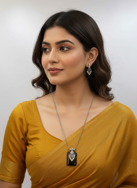Silver Oxidized Ethnic Chain Necklace Set in Geometric Pattern Obsidian Stone for Women - Everyday Wear