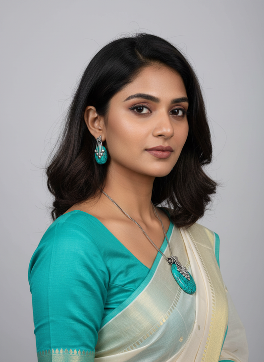Silver Oxidized Ethnic Chain Necklace Set in Oval Pattern Turquoise Stone for Women - Everyday Wear