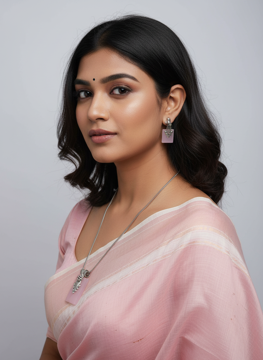 Silver Oxidized Ethnic Chain Necklace Set in geometric pattern