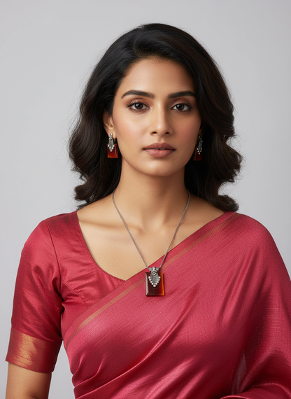 Silver Oxidized Ethnic Chain Necklace Set in geometric pattern