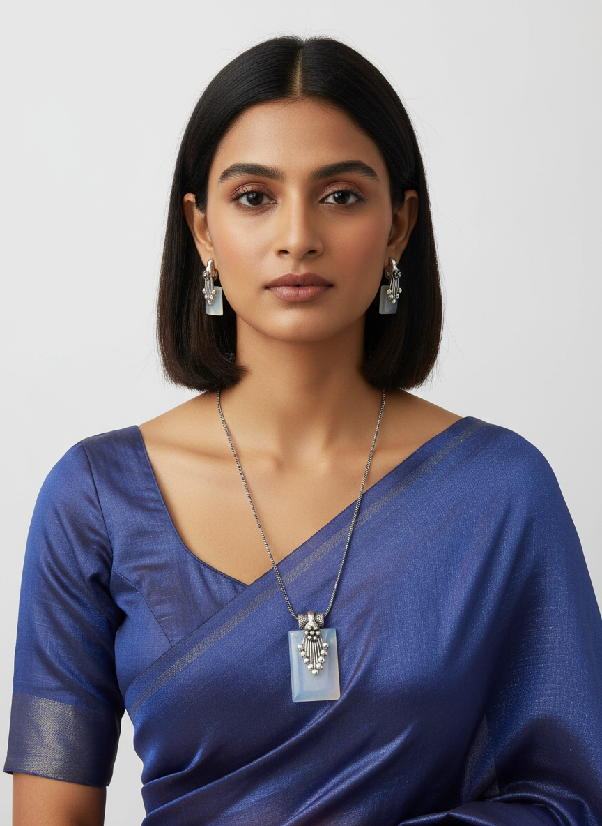 Silver Oxidized Ethnic Chain Necklace Set in geometric pattern