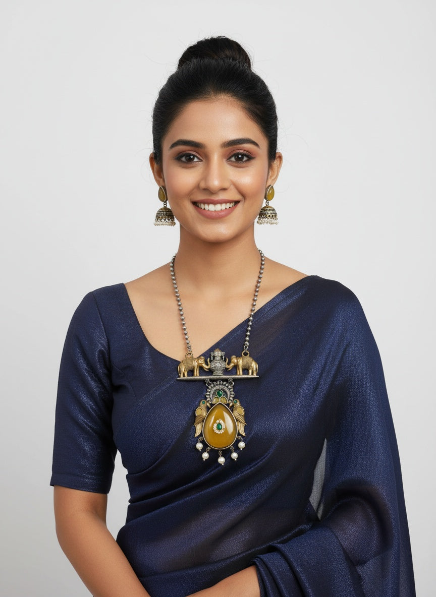 Two Tone Oxidized Necklace Set with elephant motifs and Jhumkis
