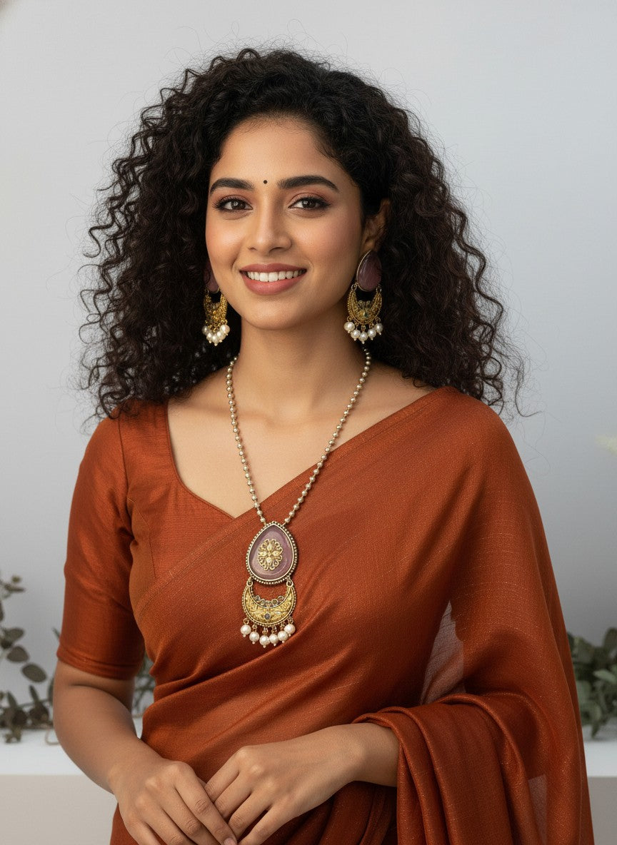 Two Tone Oxidized Necklace Set in half-moon floral design motifs