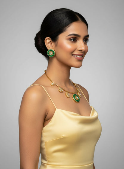 Ethnic Fusion Gold Plated Kundan Hasli Set with Green Octagon Accents