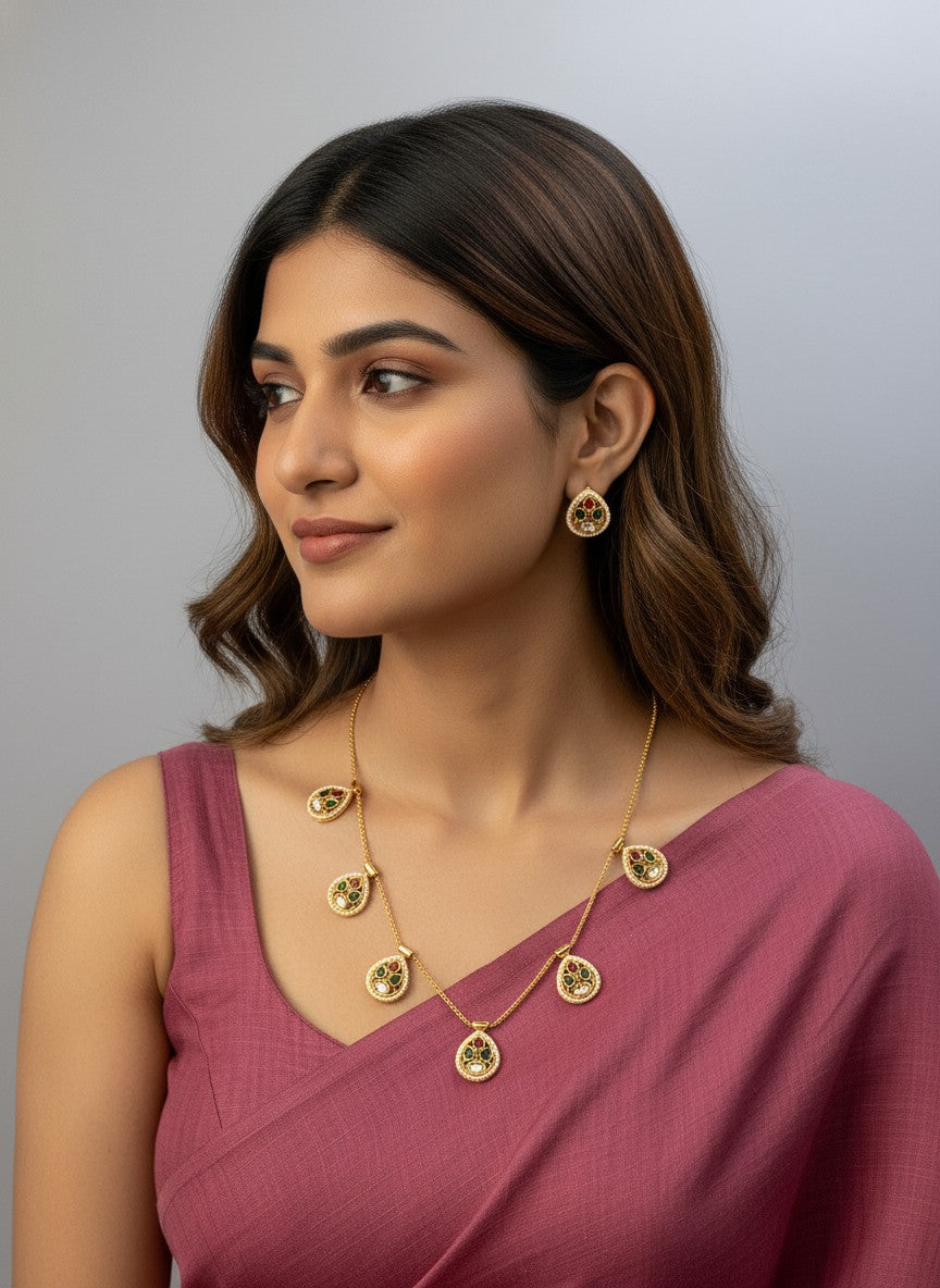 Gold Plated Teardrop Multicolor Kundan Necklace Set in Gold Finish for Women