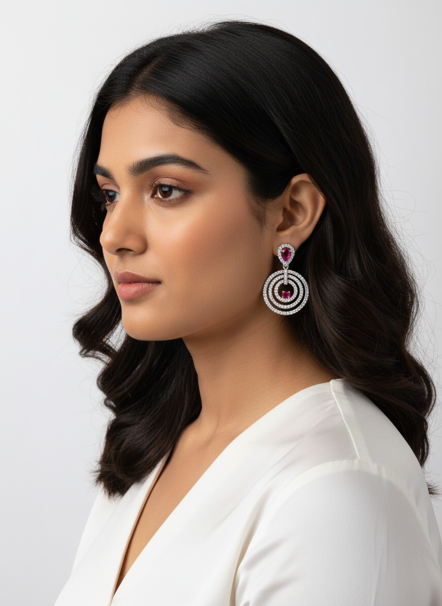 Trendy Silver Plated American Diamond Circular Motif Design Dangler Drop Earrings