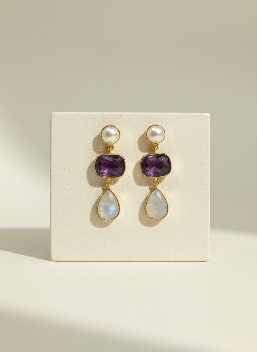 Moonstone & Amethyst Pearl Gold Drop Dangler Earrings for Women - Party & Special Occasions 