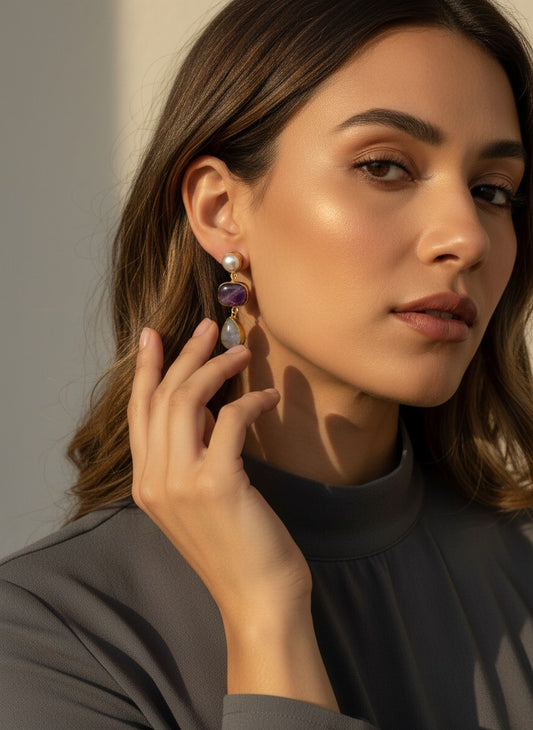 Moonstone & Amethyst Pearl Gold Drop Dangler Earrings for Women - Party & Special Occasions 
