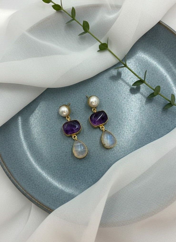 Moonstone & Amethyst Pearl Gold Drop Dangler Earrings for Women - Party & Special Occasions 