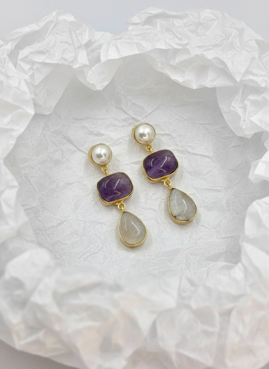 Moonstone & Amethyst Pearl Gold Drop Dangler Earrings for Women - Party & Special Occasions 