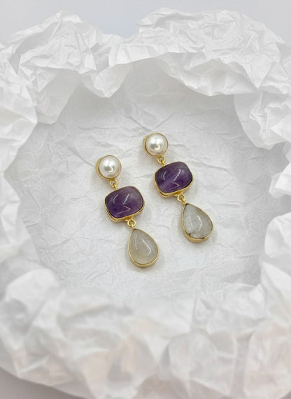 Moonstone & Amethyst Pearl Gold Drop Dangler Earrings for Women - Party & Special Occasions 
