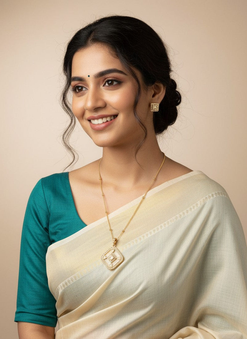 Mother of Pearl & Polki Geometric Pendant Necklace Chain Set for Women - Minimal Wear