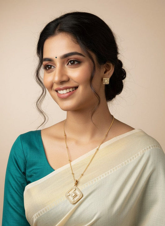 Mother of Pearl & Polki Geometric Pendant Necklace Chain Set for Women - Minimal Wear