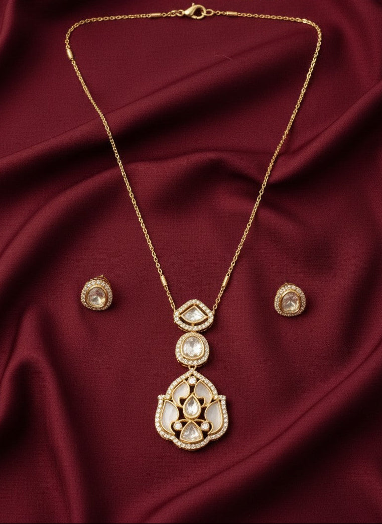 Mother of Pearl & Polki Style Pendant Necklace with Stud Earrings for Women - All Occasion wear