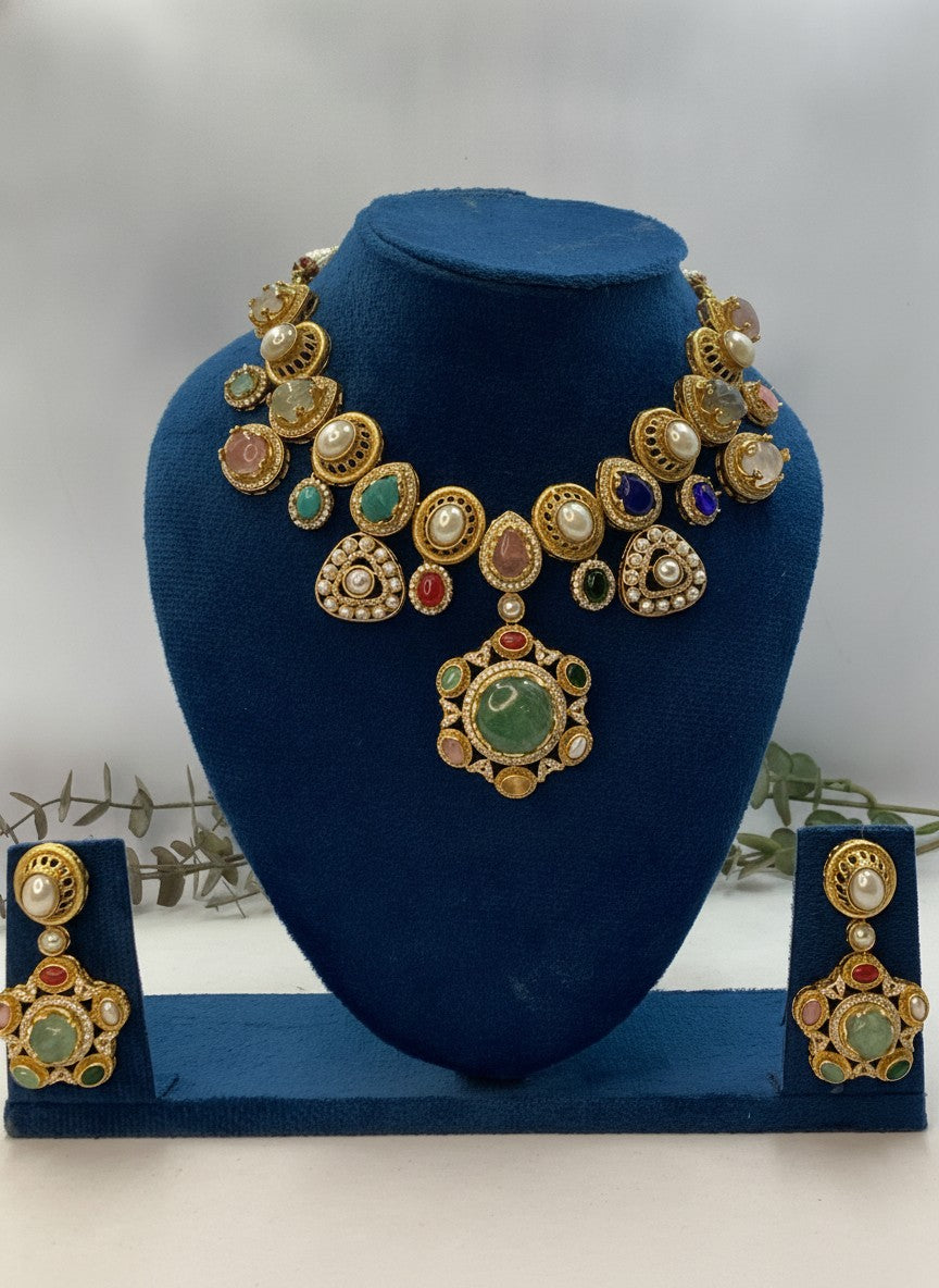 Multistone Gold Plated Heritage Pearl Statement Necklace Set with Green Center Stone for Women – Festive & Wedding Wear