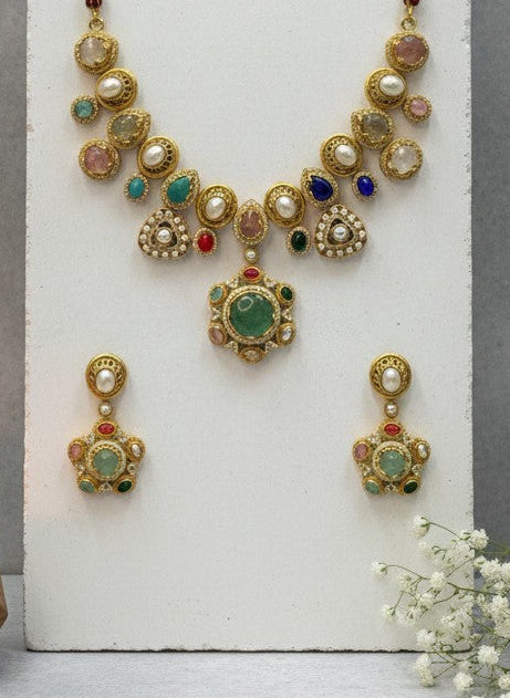 Multistone Gold Plated Heritage Pearl Statement Necklace Set with Green Center Stone for Women – Festive & Wedding Wear