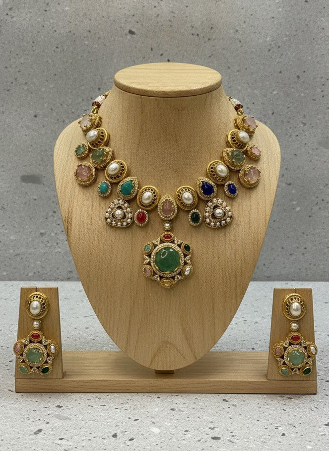 Multistone Gold Plated Heritage Pearl Statement Necklace Set with Green Center Stone for Women – Festive & Wedding Wear