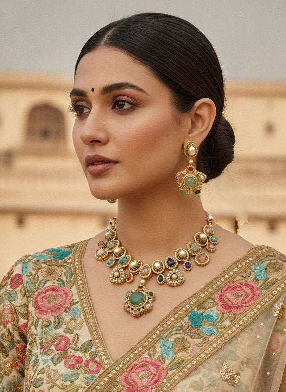 Multistone Gold Plated Heritage Pearl Statement Necklace Set with Green Center Stone for Women – Festive & Wedding Wear