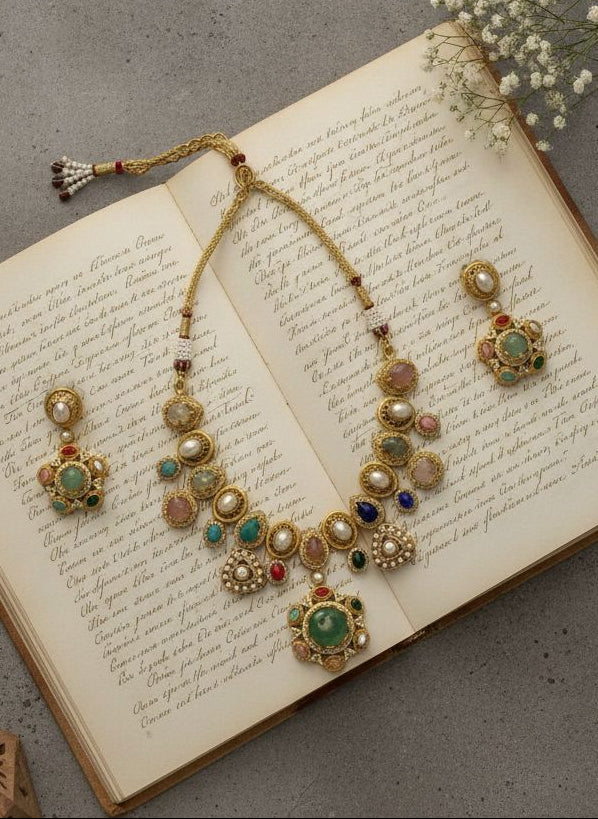 Multistone Gold Plated Heritage Pearl Statement Necklace Set with Green Center Stone for Women – Festive & Wedding Wear