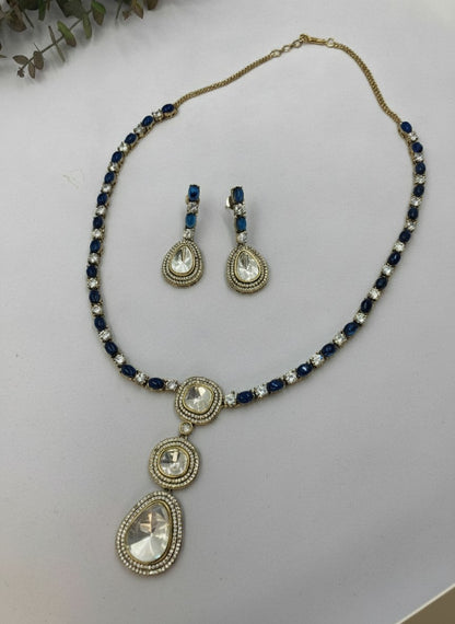 Ambar Gold-Plated Victorian Polish Polki & Blue Sapphire Stone Necklace Set with Drop Pendant for Women - Special Occasions