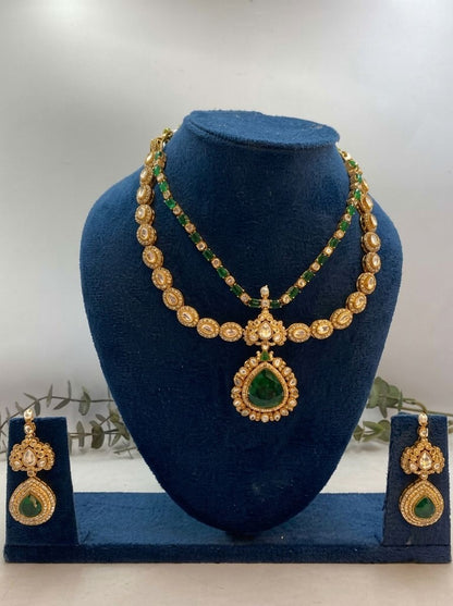 Vasundhara Green Stone & White Polki Layered Necklace Set for Women - Festive Wear