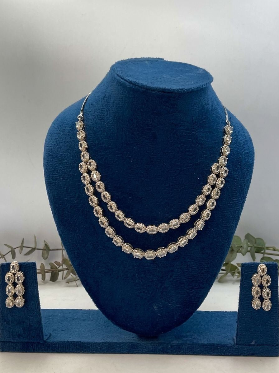 Nora AD Stone Double-Layer Necklace Set in Silver Tone finish for Women - Festive & Special Occasions