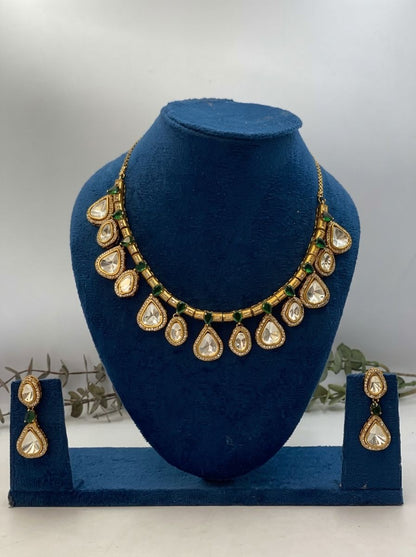 Devika Green & White Polki Drop Gold Plated Necklace Set for Women - Festive Ethnic Wear