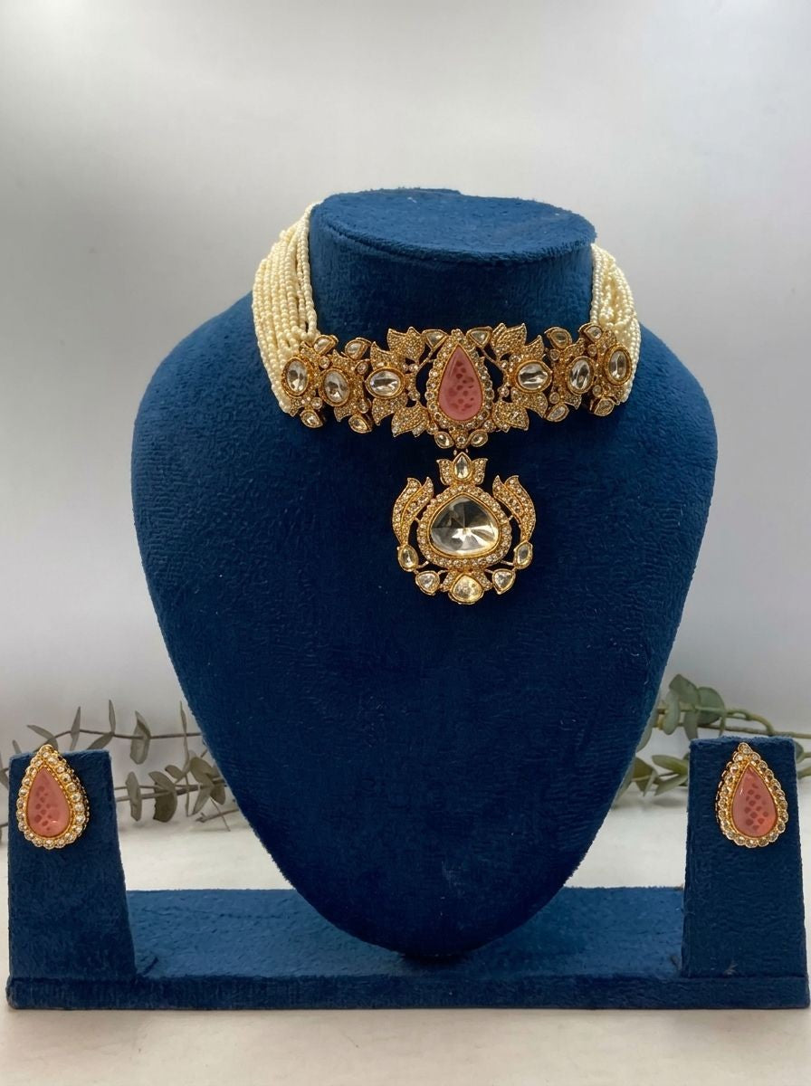 Navya Pearl Multi Strands Choker with Pink Doublet Stone for women - Festive Ethnic Wear