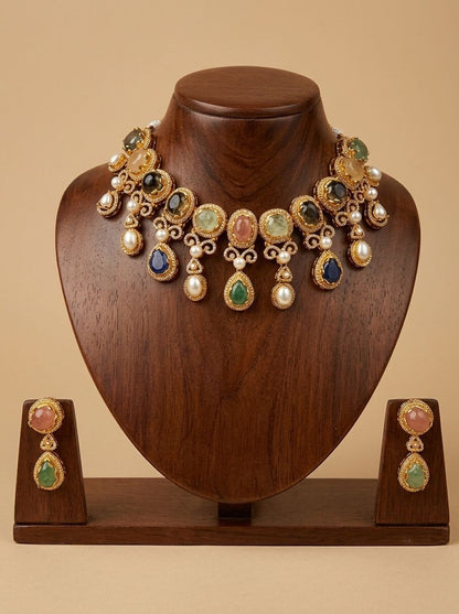 Tarangini Multicolour Natural Stones, Pearls & Polki Necklace Set for Women - Festive Wear Statement Piece