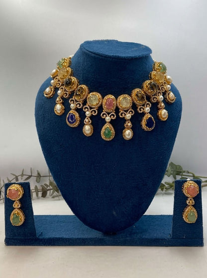 Tarangini Multicolour Natural Stones, Pearls & Polki Necklace Set for Women - Festive Wear Statement Piece