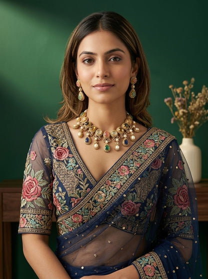 Tarangini Multicolour Natural Stones, Pearls & Polki Necklace Set for Women - Festive Wear Statement Piece