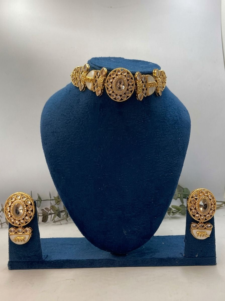 Aadhya Embossed Bengal Tiger Motif Polki Choker Necklace Set for Women - Festive Wear