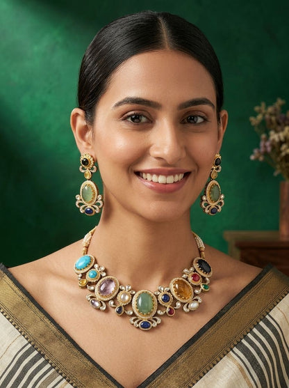 Indrani Multi-Colour Natural Stone & Polki Statement Necklace Set for Women - Festive Ethnic Wear