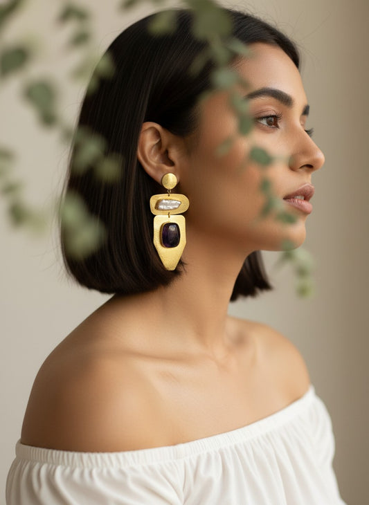 Natural Amethyst & Baroque Pearl Geometric Gold Drop Earrings for Women - Party Wear