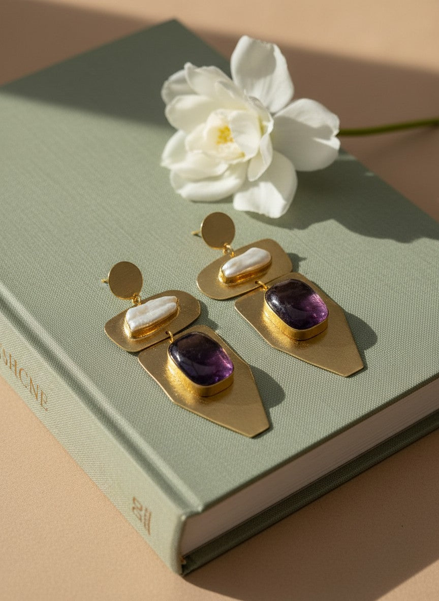 Natural Amethyst & Baroque Pearl Geometric Gold Drop Earrings for Women - Party Wear