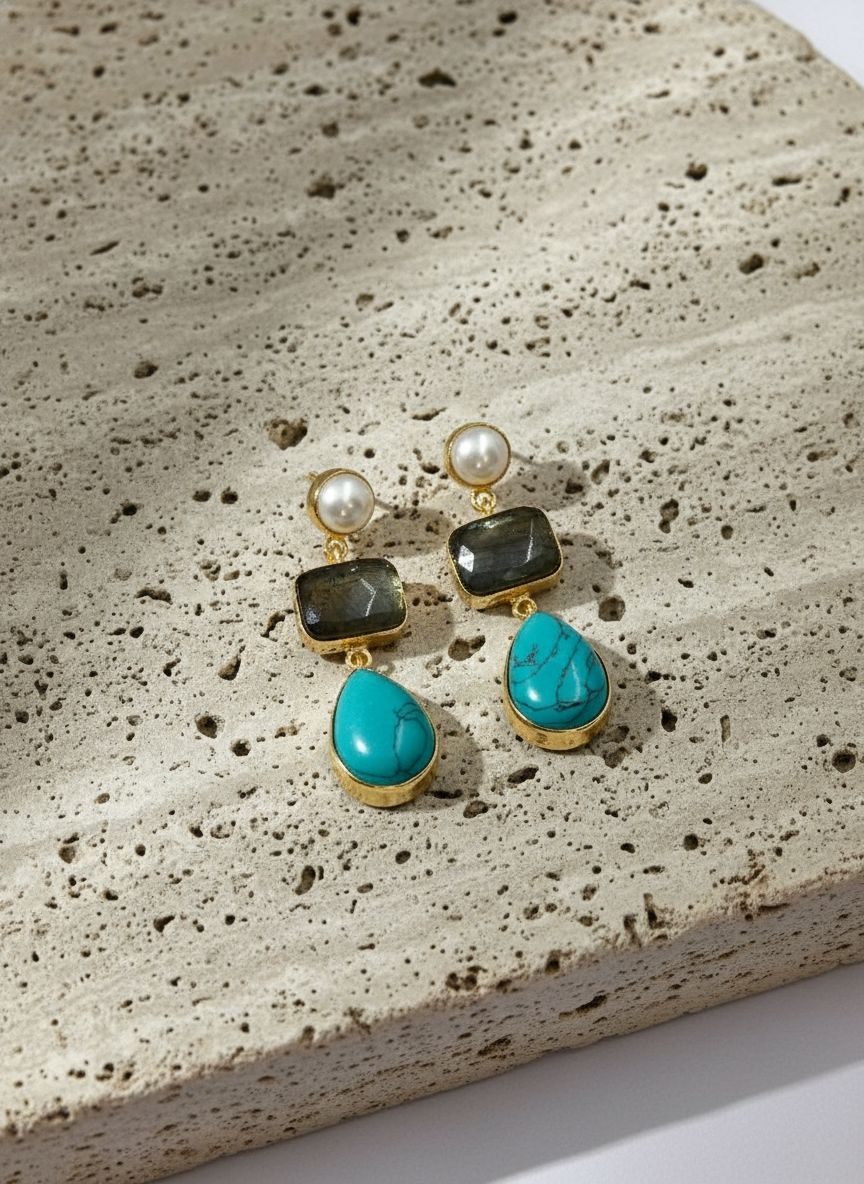 Natural Stones & Pearl Gold Drop Dangler Earrings for Women - Party & Special Occasion wear