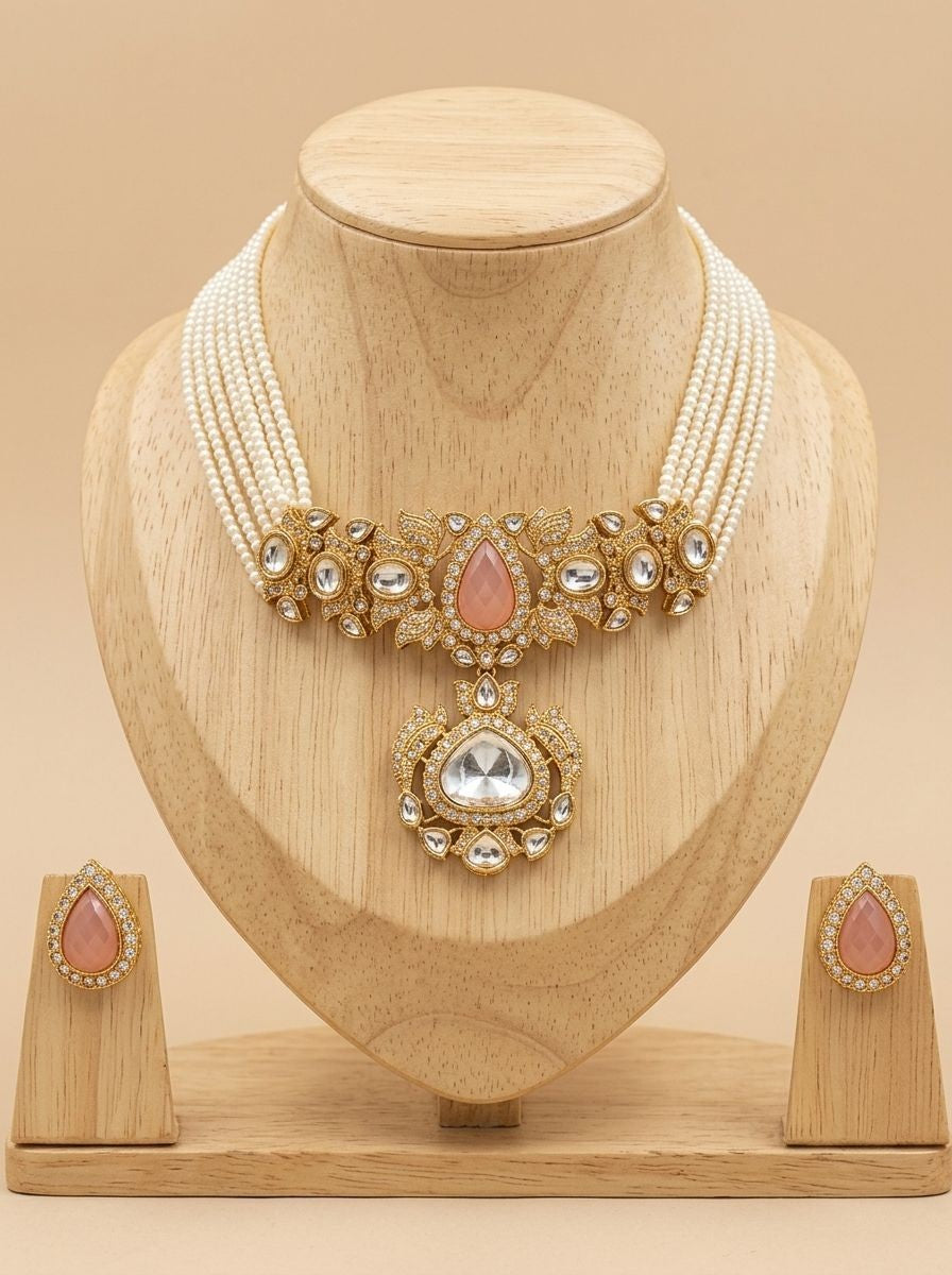 Navya Pearl Multi Strands Choker with Pink Doublet Stone for women - Festive Ethnic Wear