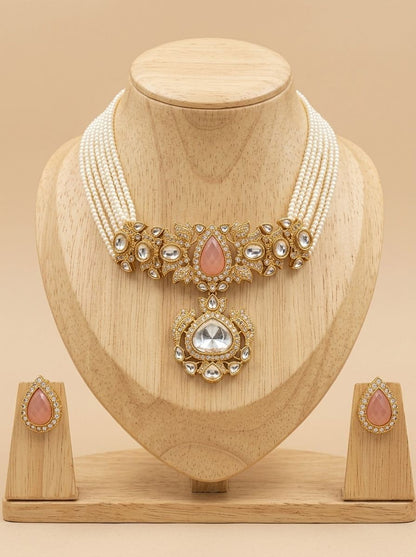 Navya Pearl Multi Strands Choker with Pink Doublet Stone for women - Festive Ethnic Wear