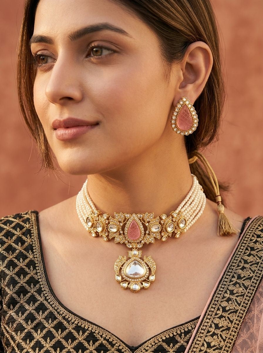Navya Pearl Multi Strands Choker with Pink Doublet Stone for women - Festive Ethnic Wear
