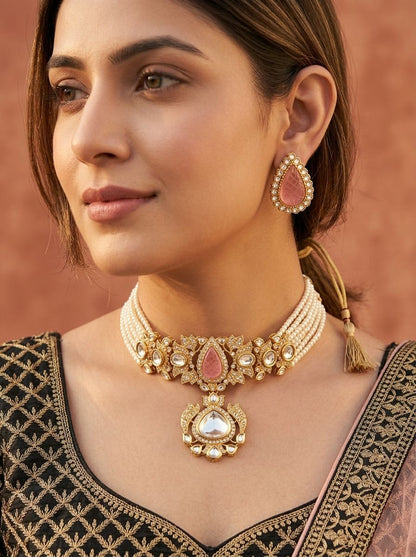 Navya Pearl Multi Strands Choker with Pink Doublet Stone for women - Festive Ethnic Wear