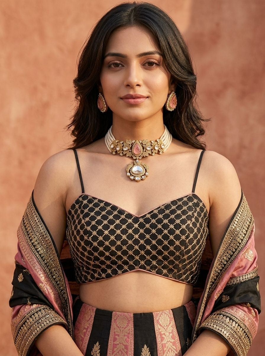 Navya Pearl Multi Strands Choker with Pink Doublet Stone for women - Festive Ethnic Wear