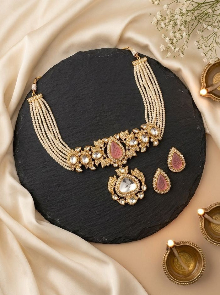 Navya Pearl Multi Strands Choker with Pink Doublet Stone for women - Festive Ethnic Wear