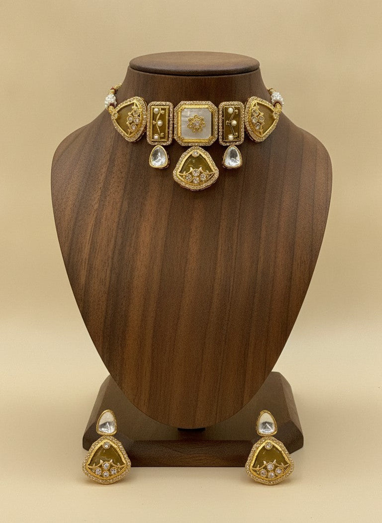 Noor Mahal Champagne Stone Polki Gold Plated Choker Set for Women – Heritage Wedding Jewelry