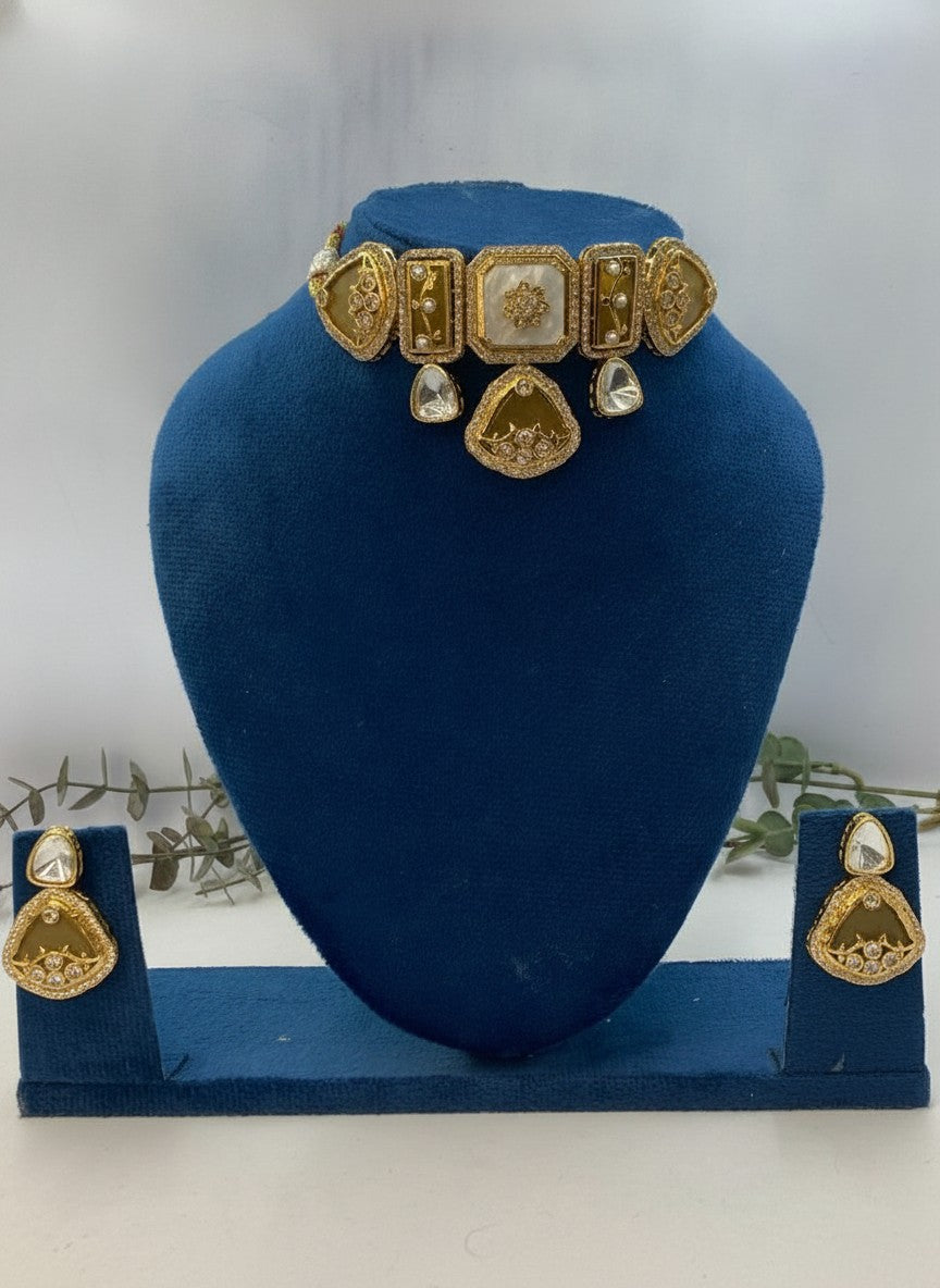 Noor Mahal Champagne Stone Polki Gold Plated Choker Set for Women – Heritage Wedding Jewelry