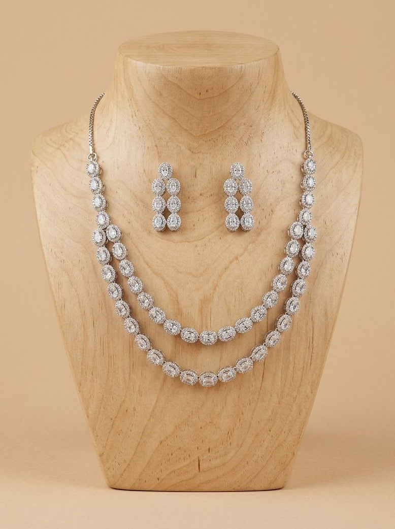 Nora AD Stone Double-Layer Necklace Set in Silver Tone finish for Women - Festive & Special Occasions