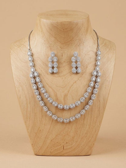 Nora AD Stone Double-Layer Necklace Set in Silver Tone finish for Women - Festive & Special Occasions