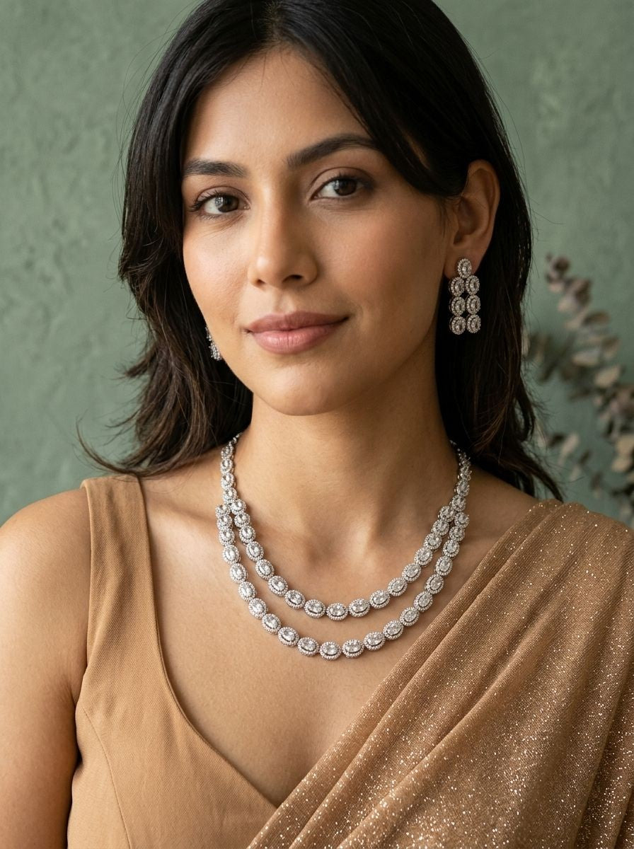 Nora AD Stone Double-Layer Necklace Set in Silver Tone finish for Women - Festive & Special Occasions