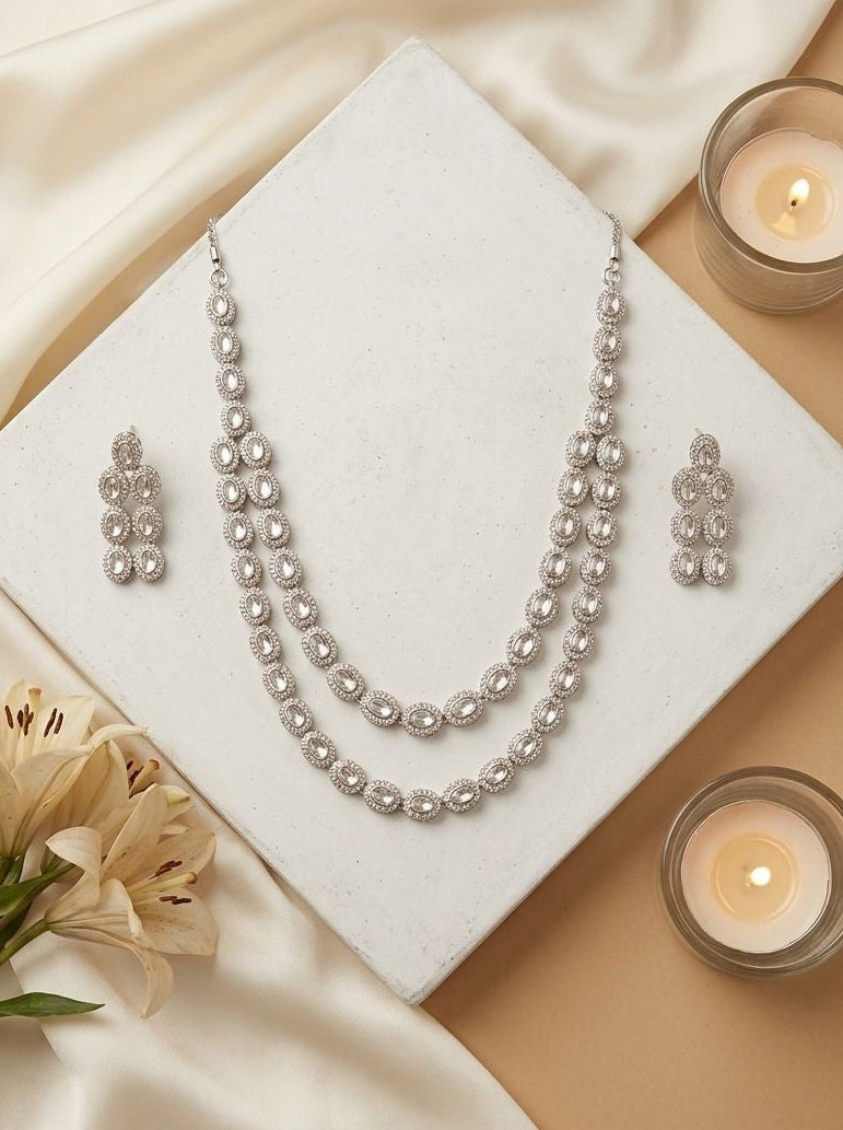 Nora AD Stone Double-Layer Necklace Set in Silver Tone finish for Women - Festive & Special Occasions