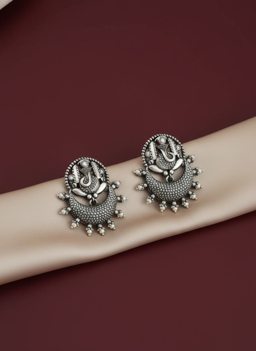 Oxidized Ganesha Motif Stud Earrings with Intricate Detailing for Women - Special Occasions
