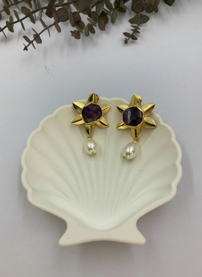 Handcrafted 18k Gold Plated Amethyst Natural Stones Floral Studs with Pearl Drops for Women - Versatile Statement Jewelry for all Occasions